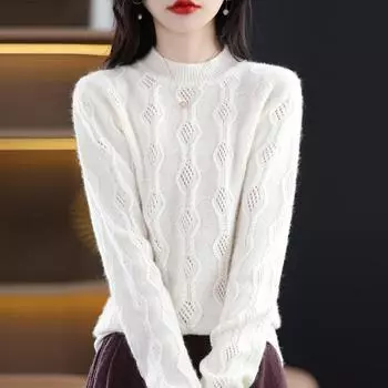 Кардиган с ромбовидным узором и вырезами, с полувысоким воротником, для женской весны и осени, новый, свободный и универсальный, модный шерстяной базовый топ-рубашка S