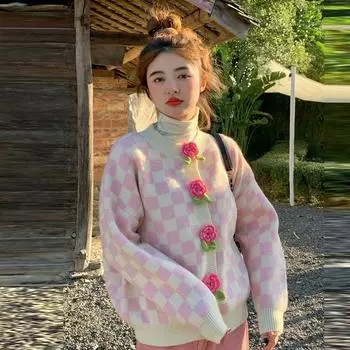 Кардиган с трехмерным цветком, вязаный женский осенне-зимний новый универсальный корейский шикарный топ-свитер