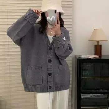 Кардиган с V-образным вырезом и маркировкой на пуговицах, осенний свободный свитер Lazy One Size красный