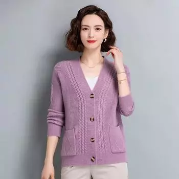 Кардиган с V-образным вырезом и переплетениями жареного теста, короткий свитер, женский свитер, простой повседневный, для поездок на работу, толстое пальто, однобортный, с пряжкой, Harajuku, осень-зима One Size фиолетовый