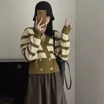 Кардиган с v-образным вырезом, короткий полосатый свитер для женщин, осенне-зимний мягкий и липкий вязаный свитер с поясом, женские топы