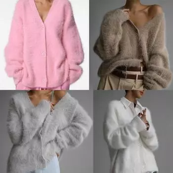 Кардиган с V-образным вырезом, трикотажная куртка для женщин, мягкая, высокоэластичная, имитация соболя, женская, ленивая, ветреная, свободная, с длинными рукавами, свитер M светло-серый