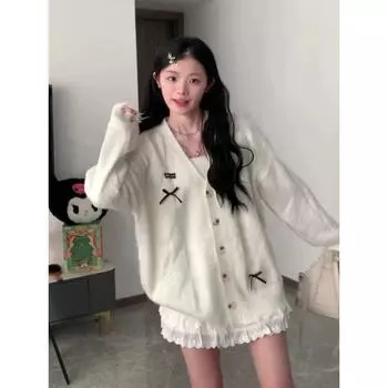 Кардиган с V-образным вырезом, верхняя одежда, праздный стиль, банты White L [Suggested 52.50 kg-57.50 kg]]