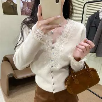 Кардиган с V-образным вырезом, вязаный кружевной свитер, женская куртка, осенне-зимняя мода, элегантный длинный рукав, облегающий верх, женская одежда 2522 One Size чёрный