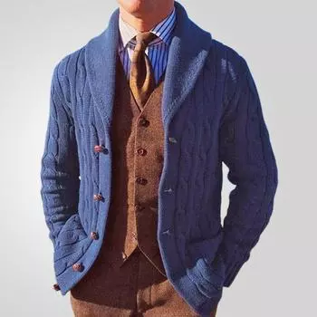 Кардиган с воротником-шалью, свитера для мужчин, облегающий свитер, длинный рукав, вязанные кардиганы с открытым передом, осенне-зимние свитера, куртки, мужская трикотажная верхняя одежда M темно-синий