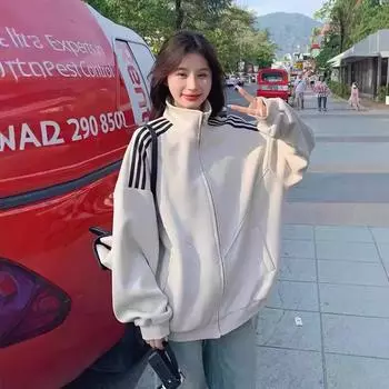 Кардиган с воротником-стойкой на молнии, толстовка, куртка для женщин, начало осени, новый свободный повседневный бейсбольный стиль, тренд S