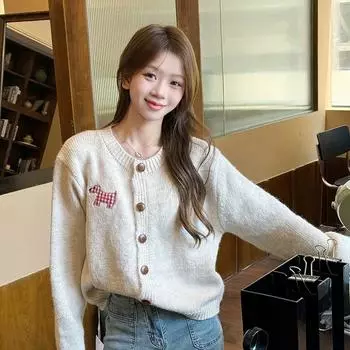 Кардиган с вышитой милой собачкой конфетного цвета для женщин, элегантный вязаный свитер, осенняя новинка, модное пальто в уличном стиле, разноцветное, Mori Girl S серый