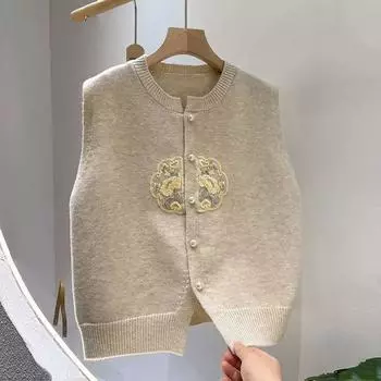 Кардиган с вышитым круглым вырезом, новый китайский вязаный жилет, жилет женский, весенний, новый свободный жилет, свитер, жилет S 80-45kg бежевый