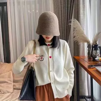 Кардиган с вышивкой «Маленький снеговик», свитер с круглым вырезом, женский свитер, осень 2023, осень/зима, свободный вязаный кардиган, женский свитер One Size серый