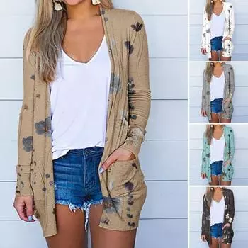 Кардиган с защитой от солнца, пляжным накидкой с защитой от ультрафиолета, длинным рукавом, винтажным цветочным принтом, накладными карманами, мягкий 3XL чёрный