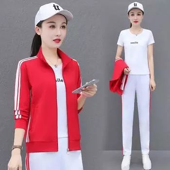 Кардиган со стойкой, спортивный костюм, женский весенне-осенний повседневный свободный комплект из трех предметов XXXXXXL красный