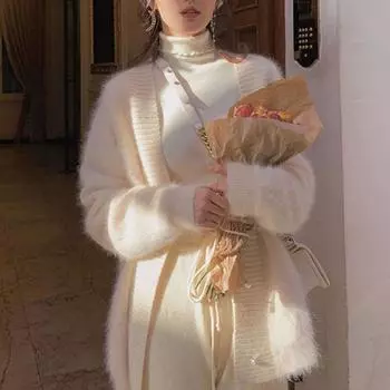 Кардиган средней длины из мягкого мохера и норки, бархатный свитер, женский осенне-зимний новый свободный вязаный верх с v-образным вырезом, очень сказочное верхнее пальто S