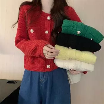 Кардиган, супер красивый маленький ароматный свитер, женский французский однотонный короткий вязаный свитер с длинными рукавами, женский One Size зелёный