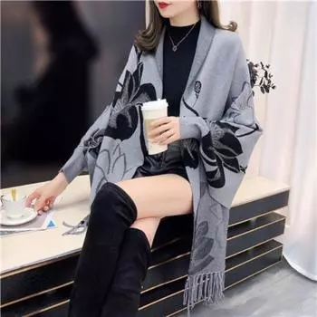 Кардиган-свитер 2022, накидка, женское пальто, осень-зима, средней длины, вязаная накидка с кисточками, свободный шарф, кардиган, свитер, женские топы One Size чёрный