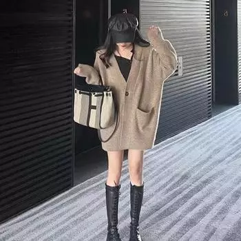 Кардиган-свитер 2022, осенняя женская одежда средней длины, вязаный свитер с v-образным вырезом, куртка с v-образным вырезом, корейский женский кардиган-свитер One Size хаки