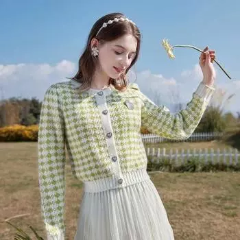 Кардиган-свитер 2022, популярный маленький кардиган с круглым вырезом в иностранном стиле, сетка «Тысяча птиц», универсальные женские модели