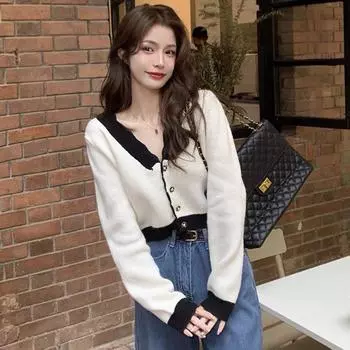 Кардиган, свитер 2022, свободный смысл, короткий свитер с v-образным вырезом, женский, с длинным рукавом и v-образным вырезом, шикарный и тонкий вязаный топ