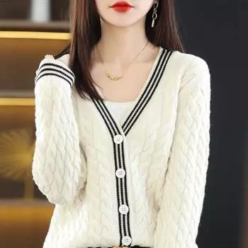 Кардиган-свитер 2022, весенне-осенний витой кардиган, свитер с v-образным вырезом, свободное пальто с длинными рукавами, вязаный топ One Size зелёный