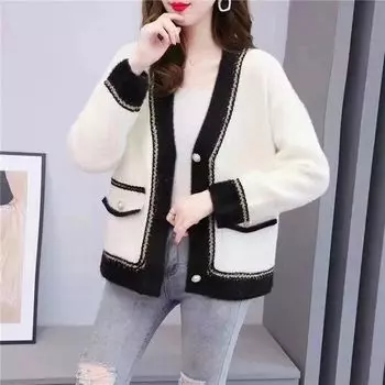 Кардиган-свитер 2022, женская шуба из искусственной норки с ароматом, короткий свитер, свободный вязаный кардиган соответствующего цвета One Size бежевый