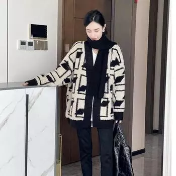 Кардиган-свитер 2022, зимняя ромбическая контрастная куртка с v-образным вырезом, женская средняя длина, свободный универсальный свитер с напуском, женский кардиган