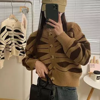 Кардиган, свитер 2023, осенний свитер в полоску с волной для женщин, дизайнерский вязаный кардиган, универсальный и ленивый свитер, женское пальто One Size зелёный
