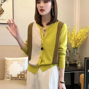 Кардиган-свитер 2023, ранняя осень, дизайн Sense, цветной блок, вязать, с длинным рукавом, с v-образным вырезом, однобортный кардиган, пальто, верх для женщин