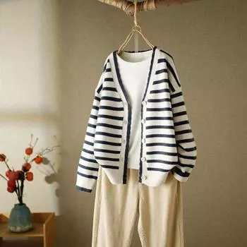 Кардиган-свитер 2023, весенне-осенняя верхняя одежда в стиле ретро, свободный кардиган-свитер, женская верхняя одежда, вязаный свитер в полоску, пальто One Size чёрный