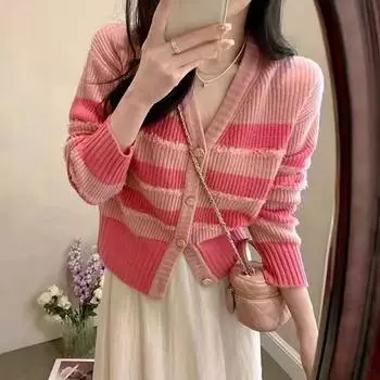 Кардиган-свитер 2023, весенний полосатый вязаный кардиган с v-образным вырезом и корейским уникальным коротким верхом, женственный свитер One Size чёрный