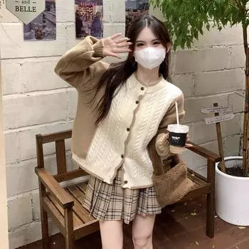 Кардиган, свитер, цветной блок, корейское свободное, с длинными рукавами, трикотажное пальто с жареным тестом и твистом, женское