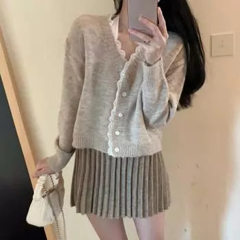 Кардиган, свитер для женщин, дизайнерский кардиган с нишей и кружевными краями, весенний свободный нежный вязаный свитер, женский топ One Size фиолетовый