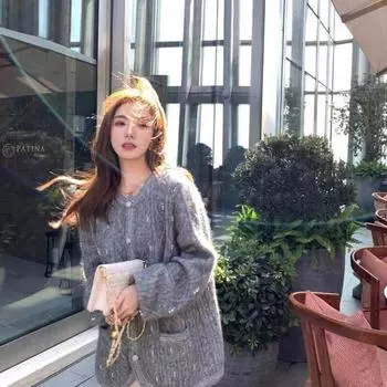 Кардиган-свитер, французский элегантный ароматный однотонный тяжелый промышленный мягкий вязаный кардиган из бисера, универсальный женский свитер