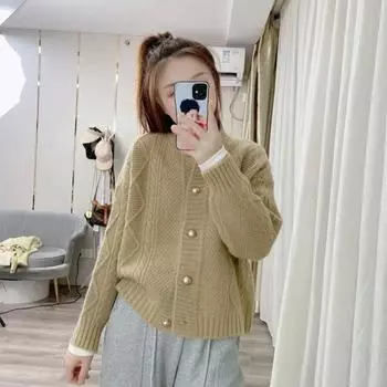 Кардиган, свитер, круглый вырез, жареное тесто, мягкий восковой вязаный свитер, однотонный универсальный женский свитер с длинными рукавами One Size бежевый
