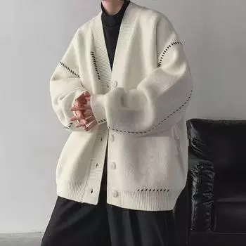 Кардиган свитер мужской осенний корейский стиль модный свободный свитер с V-образным вырезом американский дизайн повседневный свитер M