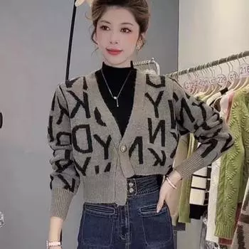 Кардиган, свитер, нерегулярный свитер с буквенным принтом, женский свободный короткий модный универсальный вязаный свитер с v-образным вырезом, женский One Size зелёный