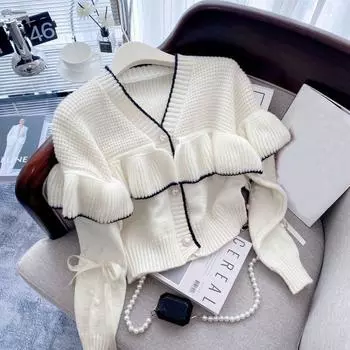 Кардиган-свитер, новинка 2023, тонкая вязаная рубашка с v-образным вырезом и рюшами для женщин, свитер-кардиган, уникальный и свитер-кардиган в стиле вестерн, пальто One Size розовый