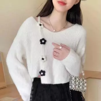 Кардиган, свитер, осень 2022, норковый волос, мягкий восковой свитер, женский корейский свободный короткий свитер с v-образным вырезом и длинными рукавами One Size небесно-голубой