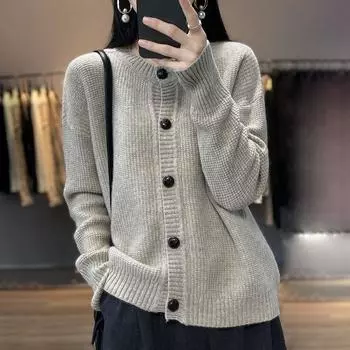 Кардиган, свитер, осень 2023, кардиган с круглым вырезом, пальто, женский однотонный свитер с длинными рукавами, универсальный корейский свитер с накладками, женский One Size фиолетовый