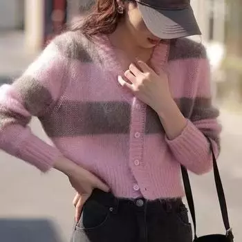 Кардиган-свитер, осень 2023, кардиган в полоску с начесом, универсальная верхняя одежда с v-образным вырезом, короткий флисовый шерстяной свитер, женский топ One Size розовый