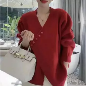 Кардиган, свитер, осень и зима 2022, корейская мода, однотонный трикотаж на пуговицах, свободный свитер премиум-класса с v-образным вырезом, женский топ