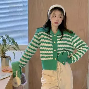 Кардиган, свитер, осень и зима 2022, винтажный полосатый свитер, универсальный цветной вязаный женский воротник темно-синего цвета One Size зелёный