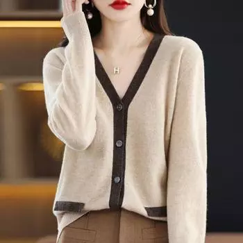 Кардиган-свитер, осенне-зимний женский контрастный вязаный кардиган, свободная вязаная рубашка с v-образным вырезом в западном стиле, свитер с длинными рукавами One Size зелёный