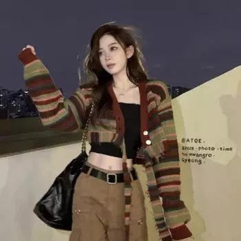 Кардиган, свитер, осенний винтажный Радужный контрастный полосатый свитер с высокой талией, короткое пальто, женский вязаный кардиган с v-образным вырезом, свитер