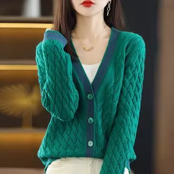 Кардиган, свитер, осенний вязаный кардиган, женский, с длинным рукавом, v-образным вырезом, повседневный свитер с длинными рукавами, женское пальто One Size зелёный