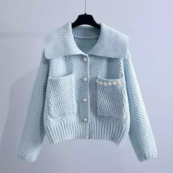 Кардиган, свитер, пальто, женский весенне-осенний новый корейский свитер с длинными рукавами и круглым вырезом, свободная верхняя одежда в западном стиле, вязаный свитер One Size небесно-голубой