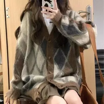 Кардиган, свитер, пальто, женский весенне-осенний ленивый ветер, свободный японский ретро-ромб с v-образным вырезом, мягкий восковой вязаный свитер, женский топ One Size хаки