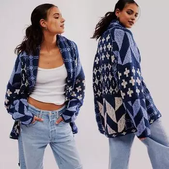 Кардиган-свитер с регулируемым кулиской по низу, отворотом, длинным рукавом, графическим принтом, свободным кроем, большой кардиган-шаль белый