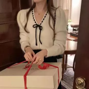 Кардиган-свитер с v-образным вырезом и бантом, короткие женские весенне-осенние маленькие ароматные вязаные женские топы с длинными рукавами One Size чёрный