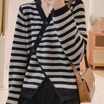 Кардиган-свитер в Корейском стиле с контрастной полосой, нерегулярный вязаный кардиган с диагональной пряжкой, женский свитер с полуоткрытым воротником, кардиган, топы One Size чёрный