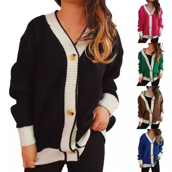 Кардиган-свитер в стиле «колор-блок», свободный вязаный свитер в уличном стиле L чёрный