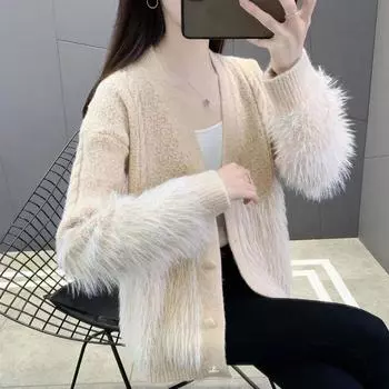 Кардиган, свитер, верхняя одежда, женский свитер, топ, осенние и зимние свитера, женские свободные однотонные женские свитера с длинными рукавами One Size чёрный